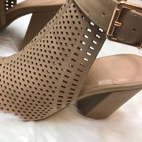 TAN peep toe Open back diamond cut out chunky heel - Picture 5 of 8